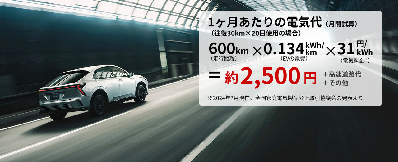 1ヶ月あたりの電気代（月間試算） （往復30km×20日使用の場合） 600km 0.134 kWh/ km 31 円/ kWh （走行距離） 2,500 （EVの電費） （電気料金※） 約 円 ＋高速道路代 ＋その他 ※2024年7月現在。全国家庭電気製品公正取引協議会の発表より